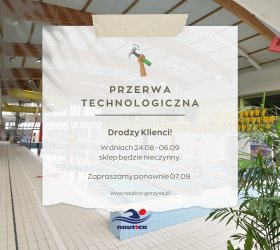 Grafika informująca o przerwie technologicznej na pływalni Nautica w dniach 24.08–06.09.