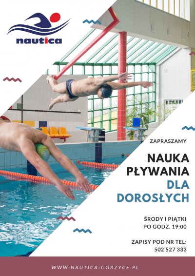 na plakacie nauka pływania - dorośli skaczący do basenu ze słupków