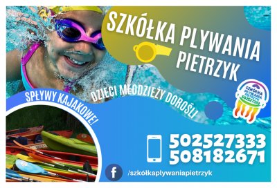 na plakacie reklama szkółki pływackiej i spływów kajakowych